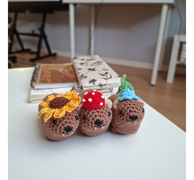 Handmade Crochet Rock Hyrax (Awawa) Charm – Collectible Aesthetic, Awawa wearing Sunflower, Bluebell or Mushroom hat