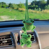 Hanging crochet frog for rear view mirror, cute car charm, keychain, backpack pendant