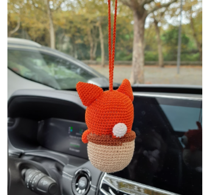 Hanging crochet little fox in a hazel nut shell , rear view mirror car accessory, bag or backpack charm