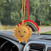 Hanging crochet sun and rainbow, small rear view mirror car charm