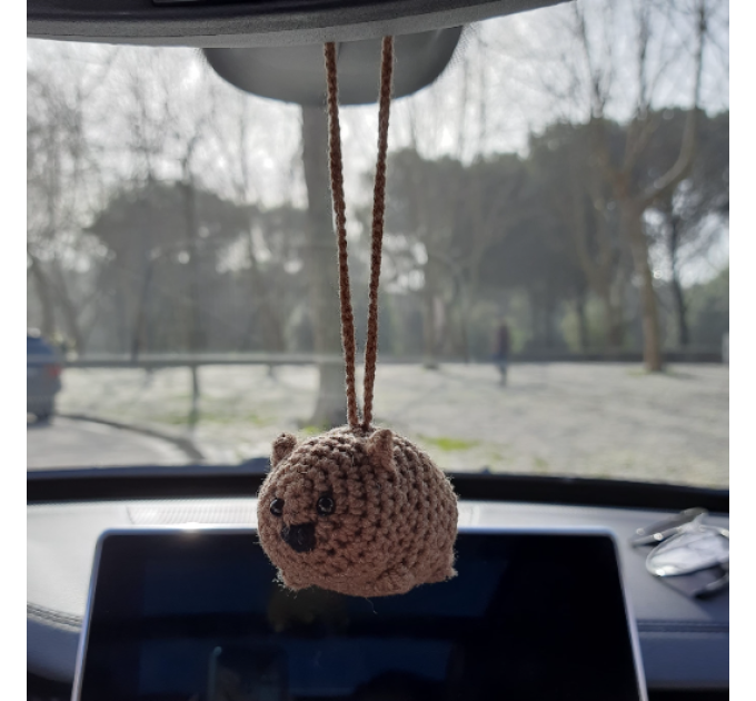 Hanging crochet wombat rear view mirror car charm. keychain, backpack pendant