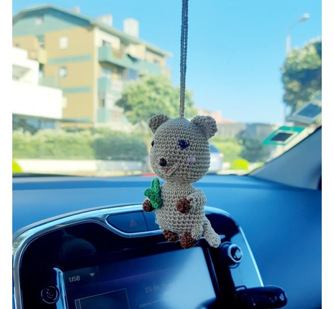 Quokka happy crochet rear view mirror car charm or backpack pendant