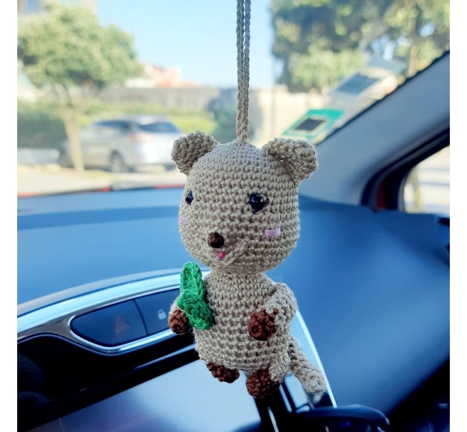 Quokka happy crochet rear view mirror car charm or backpack pendant