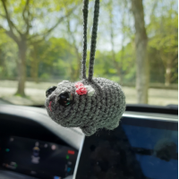 Sad hamster viral meme, cute crochet rear view mirror car charm, keychain or backpack pendant