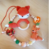 Fox baby set: teething necklace and crochet baby rattle